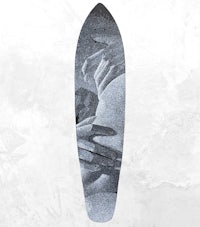 a skateboard with a black and white image on it