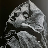 a black and white drawing of a woman in a shawl